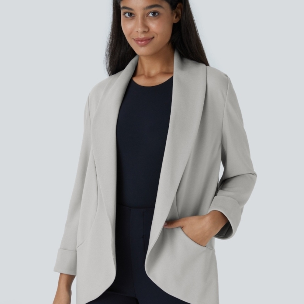 C29 NWT HALARA Sculptknit Open Front Long Sleeve Pocket Work Blazer Sz Lg Gray